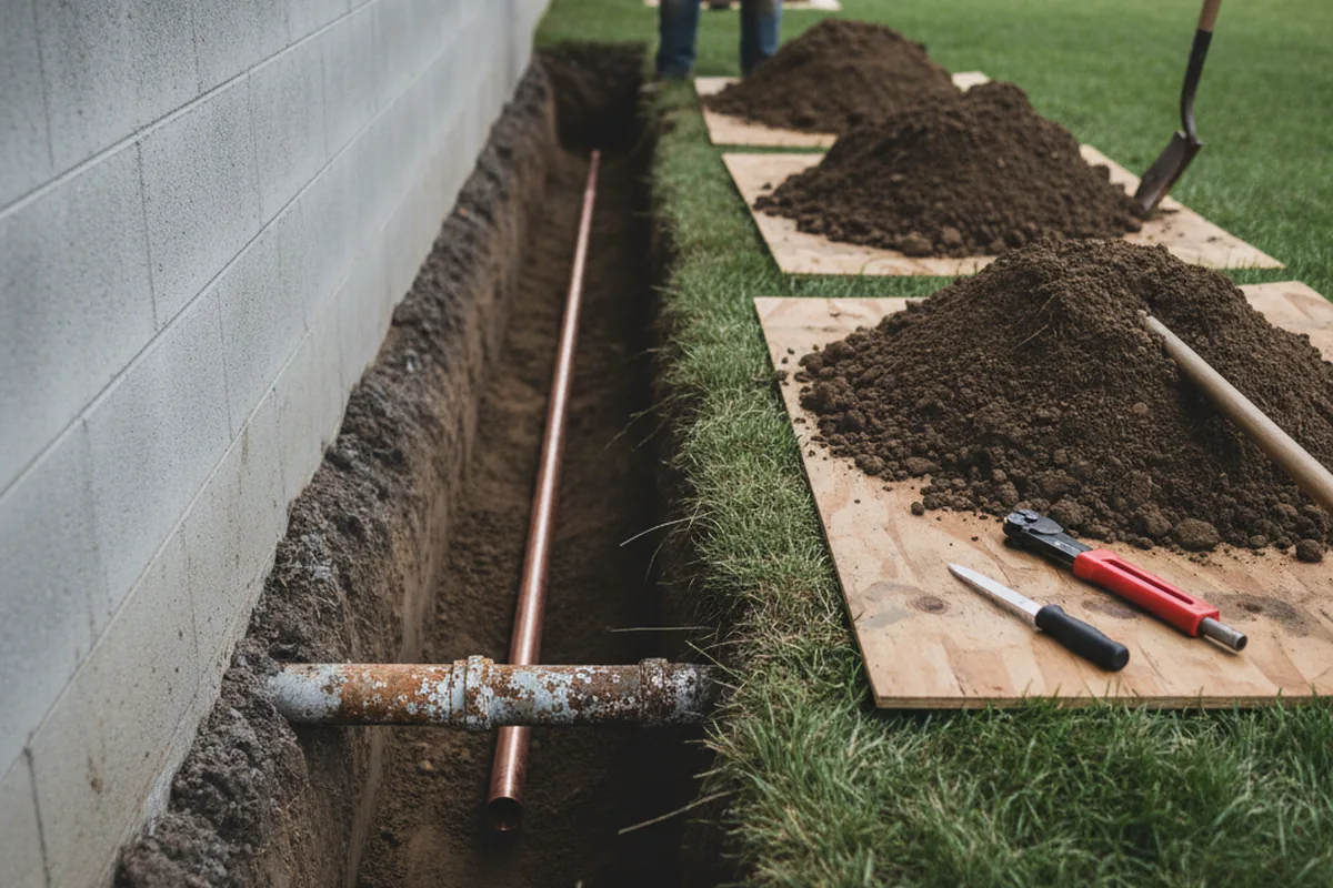 Excavated water line trench during Sewer Line Repair in Pella